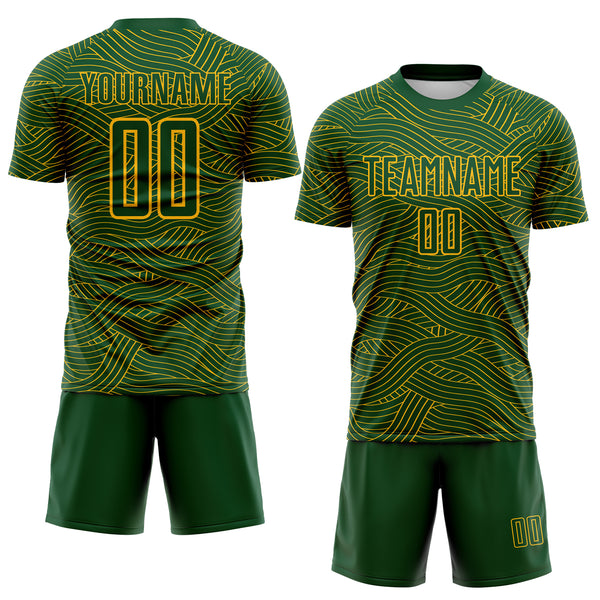 Custom Green-Gold Abstract Wave Lines Interlocking Sublimation Soccer Uniform Jersey