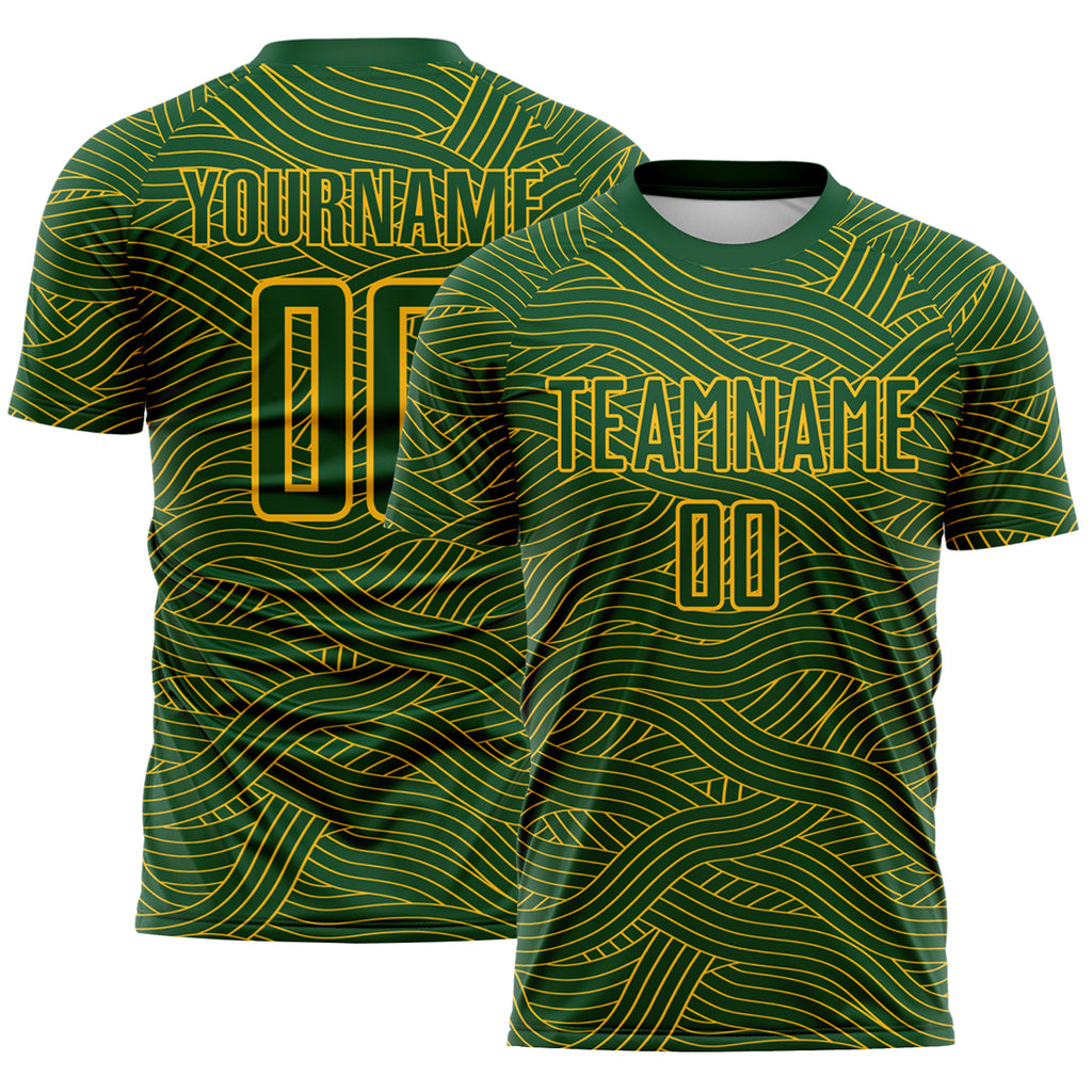 Custom Green-Gold Abstract Wave Lines Interlocking Sublimation Soccer Uniform Jersey
