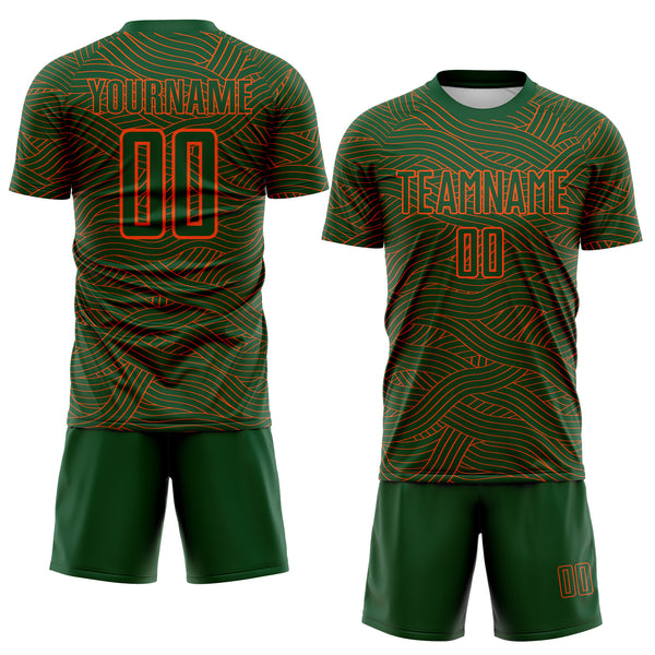 Custom Green-Orange Abstract Wave Lines Interlocking Sublimation Soccer Uniform Jersey