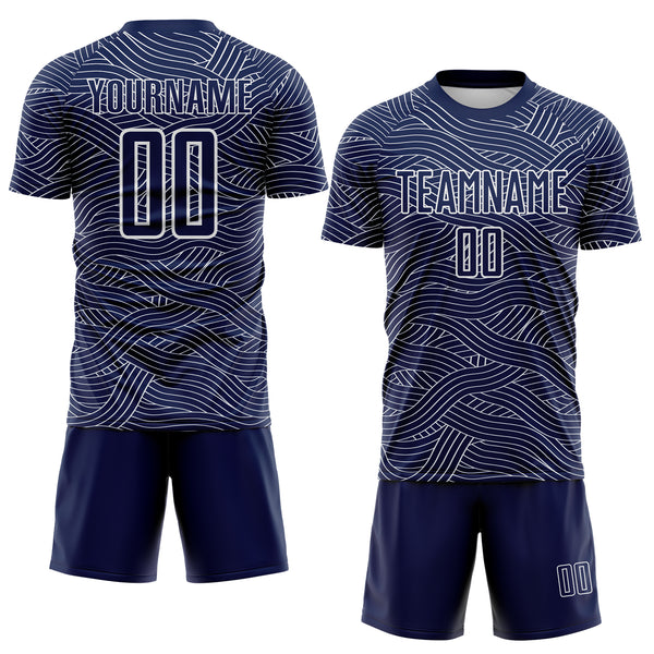 Custom Navy-White Abstract Wave Lines Interlocking Sublimation Soccer Uniform Jersey