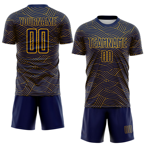 Custom Navy-Gold Abstract Wave Lines Interlocking Sublimation Soccer Uniform Jersey
