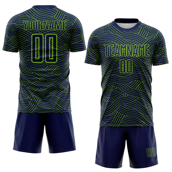Custom Navy-Neon Green Abstract Wave Lines Interlocking Sublimation Soccer Uniform Jersey
