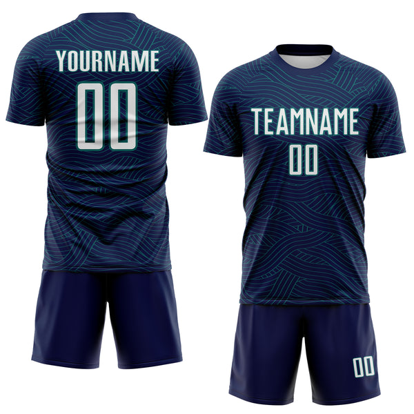 Custom Navy White-Teal Abstract Wave Lines Interlocking Sublimation Soccer Uniform Jersey