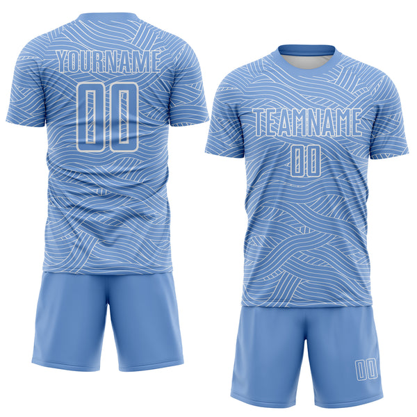 Custom Light Blue-White Abstract Wave Lines Interlocking Sublimation Soccer Uniform Jersey