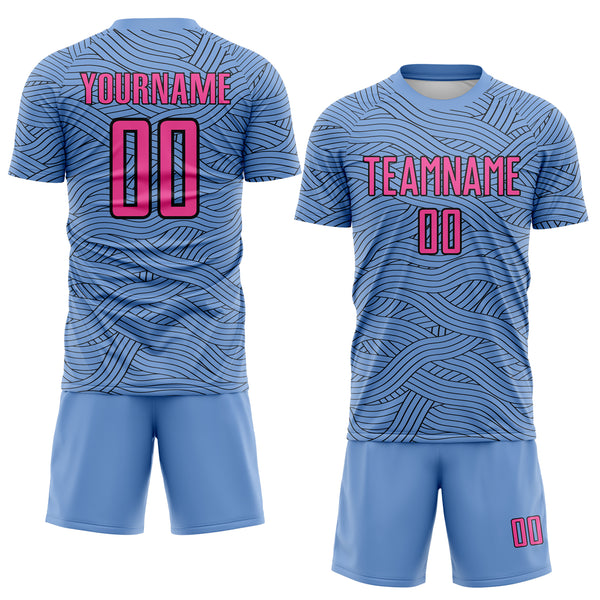 Custom Light Blue Pink-Black Abstract Wave Lines Interlocking Sublimation Soccer Uniform Jersey