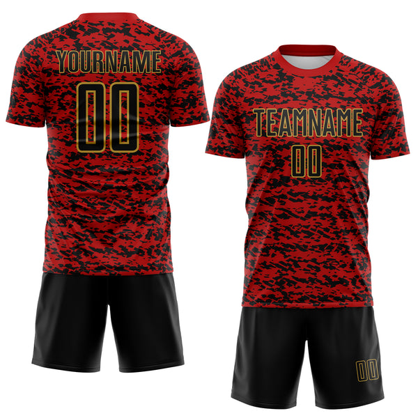 Custom Red Black-Old Gold Geometric Fragment Splatter Sublimation Soccer Uniform Jersey