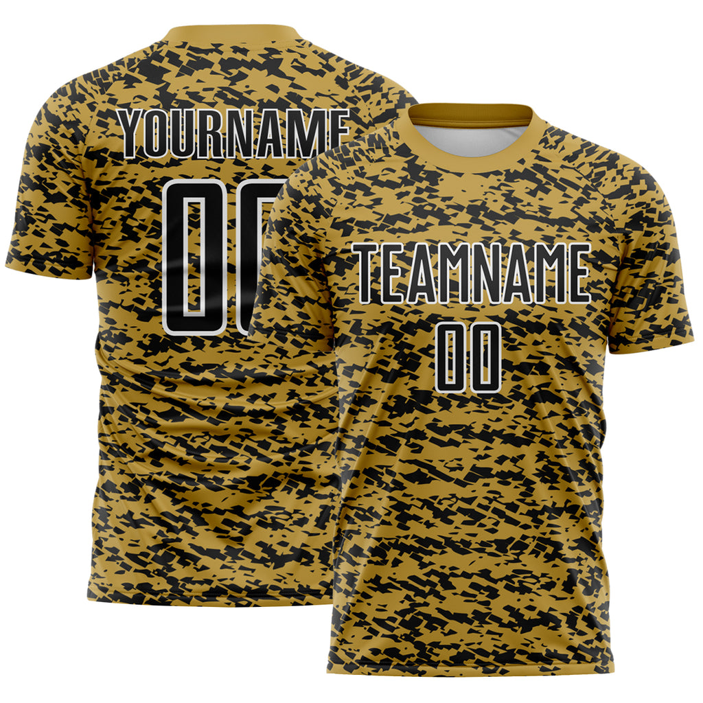 Custom Old Gold Black-White Geometric Fragment Splatter Sublimation Soccer Uniform Jersey