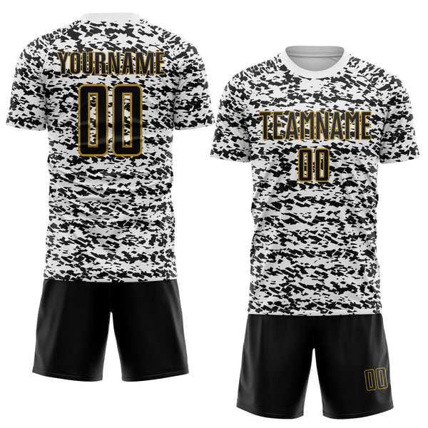 Custom White Black-Old Gold Geometric Fragment Splatter Sublimation Soccer Uniform Jersey