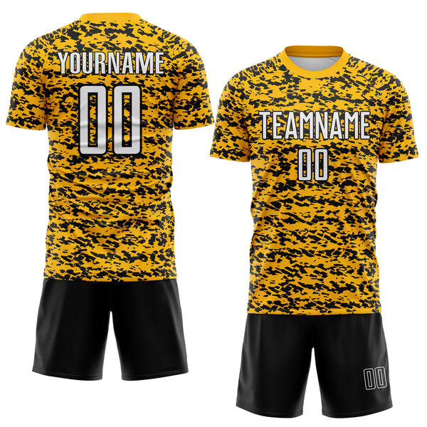 Custom Gold White-Black Geometric Fragment Splatter Sublimation Soccer Uniform Jersey