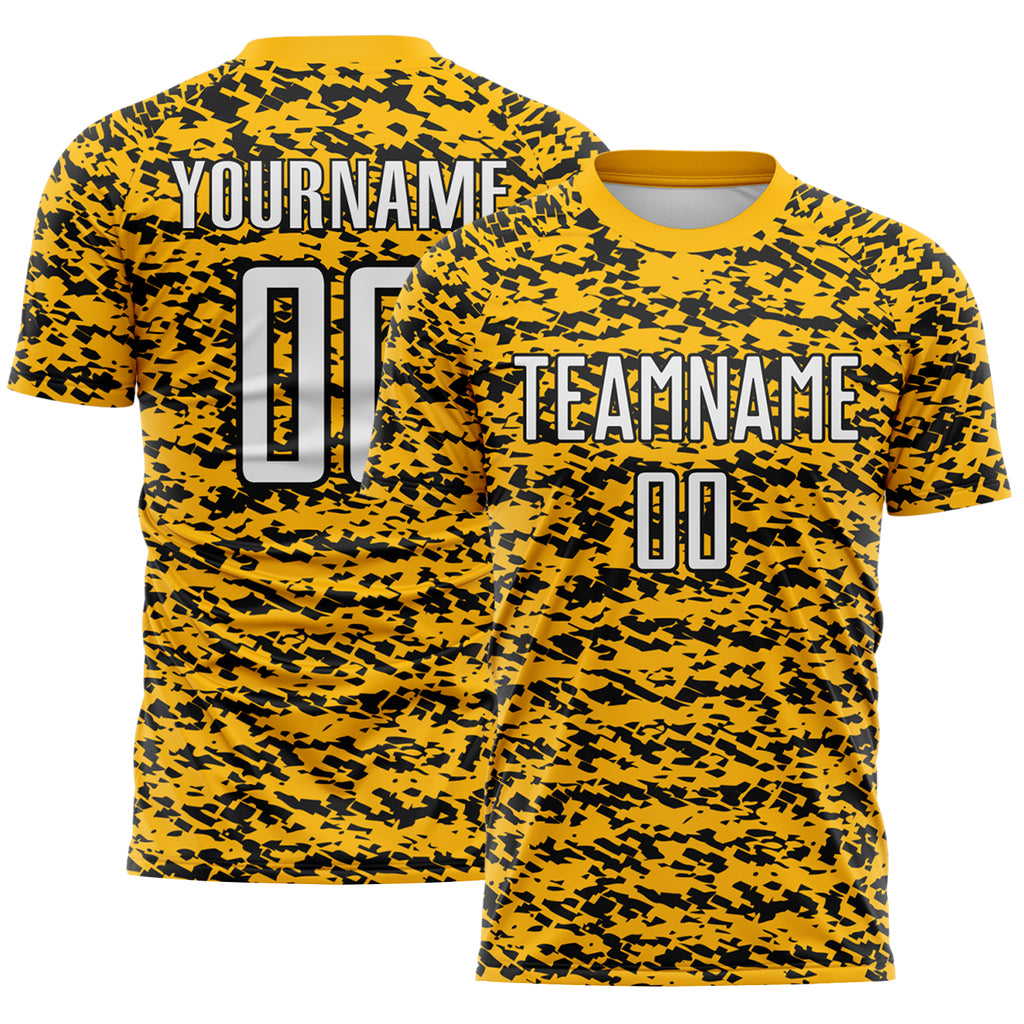 Custom Gold White-Black Geometric Fragment Splatter Sublimation Soccer Uniform Jersey