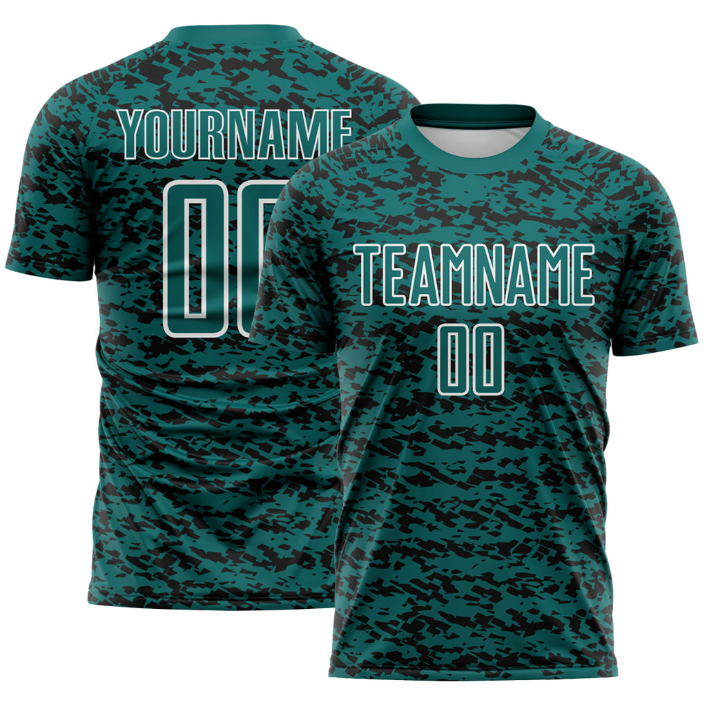 Custom Teal Black-White Geometric Fragment Splatter Sublimation Soccer Uniform Jersey