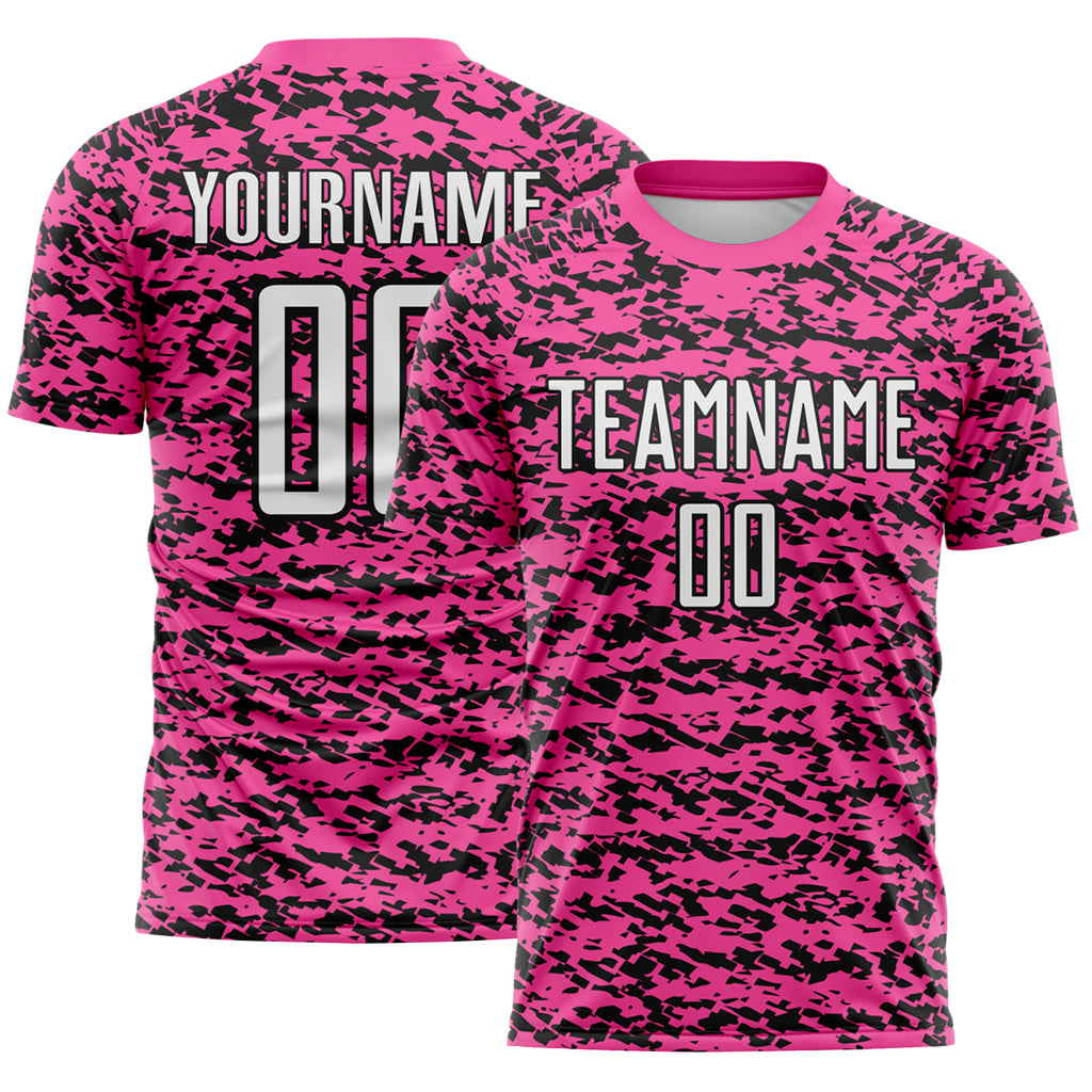 Custom Pink White-Black Geometric Fragment Splatter Sublimation Soccer Uniform Jersey