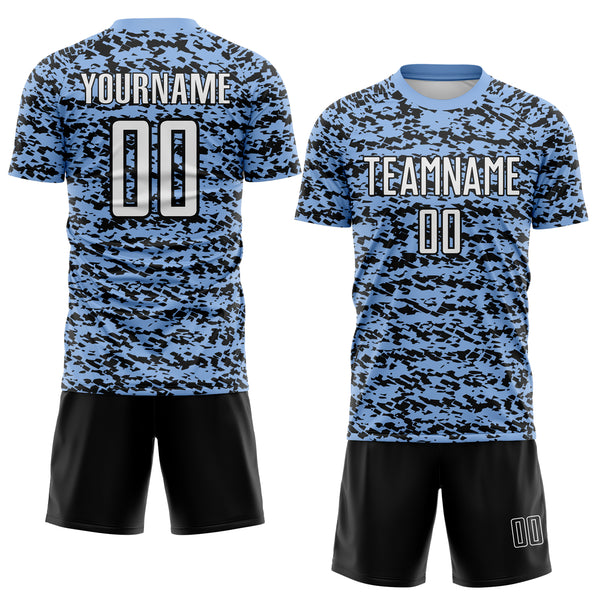 Custom Light Blue-Black Geometric Fragment Splatter Sublimation Soccer Uniform Jersey