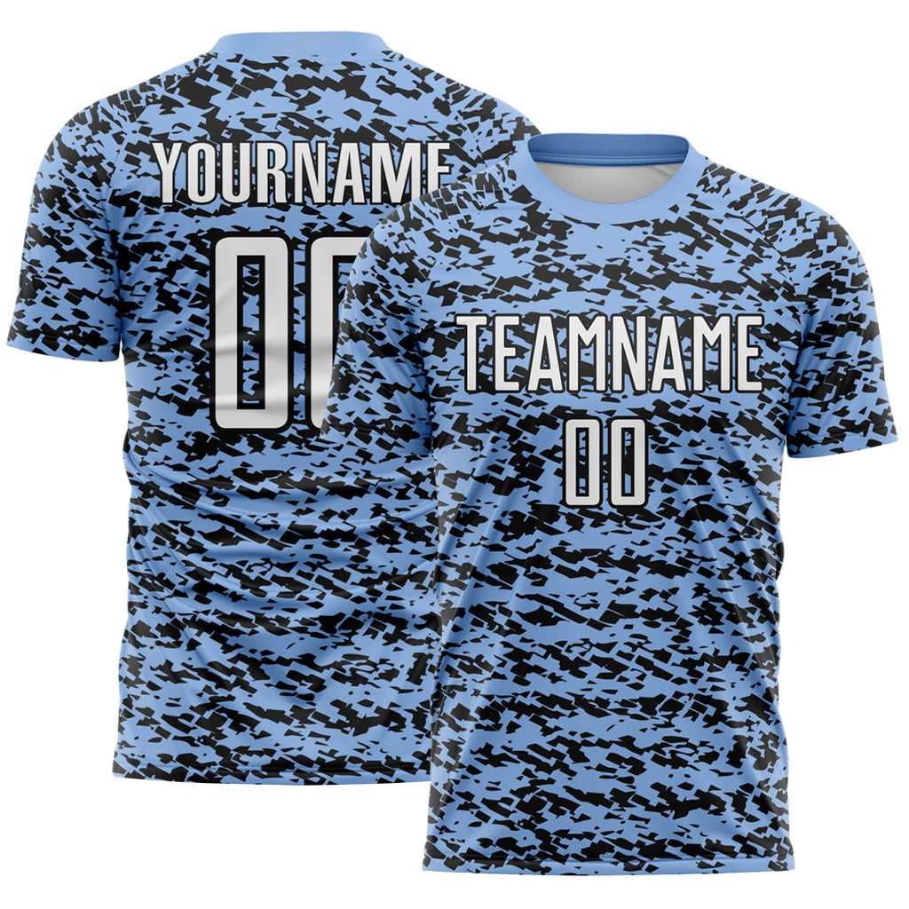 Custom Light Blue-Black Geometric Fragment Splatter Sublimation Soccer Uniform Jersey