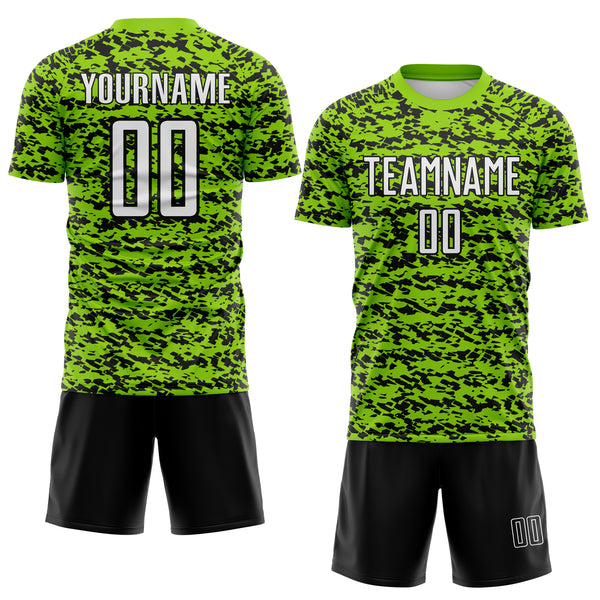 Custom Neon Green-Black Geometric Fragment Splatter Sublimation Soccer Uniform Jersey