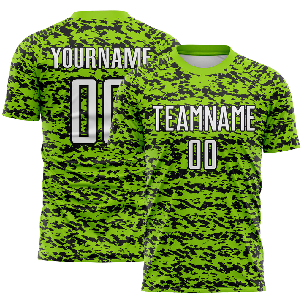 Custom Neon Green-Black Geometric Fragment Splatter Sublimation Soccer Uniform Jersey