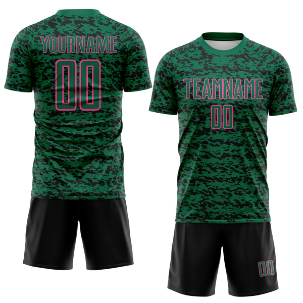 Custom Kelly Green Black-Pink Geometric Fragment Splatter Sublimation Soccer Uniform Jersey