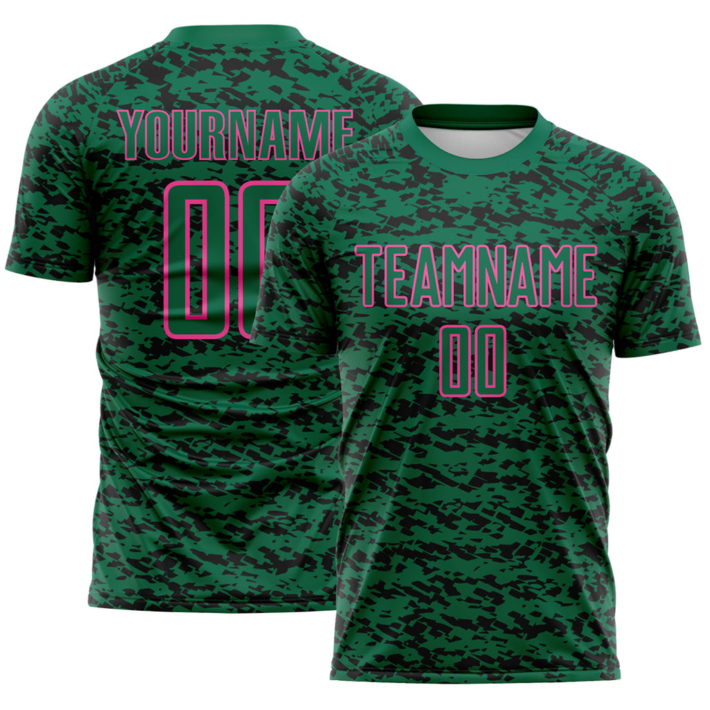 Custom Kelly Green Black-Pink Geometric Fragment Splatter Sublimation Soccer Uniform Jersey