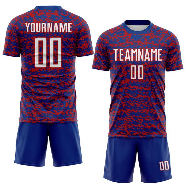 Custom Royal White-Red Geometric Fragment Splatter Sublimation Soccer Uniform Jersey