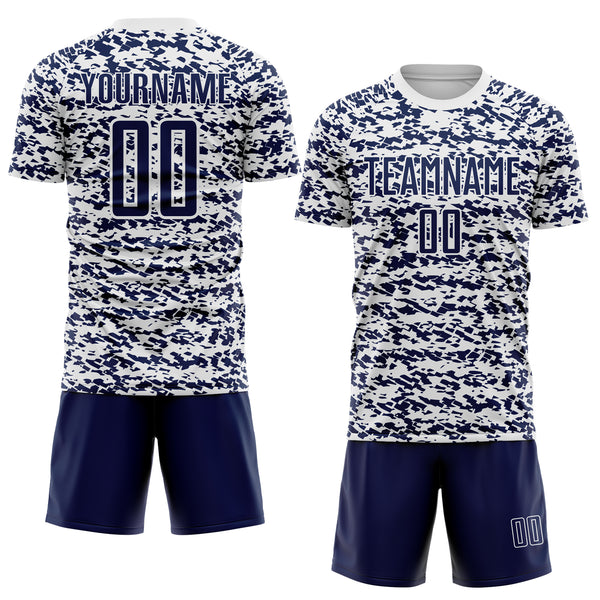 Custom White-Navy Geometric Fragment Splatter Sublimation Soccer Uniform Jersey