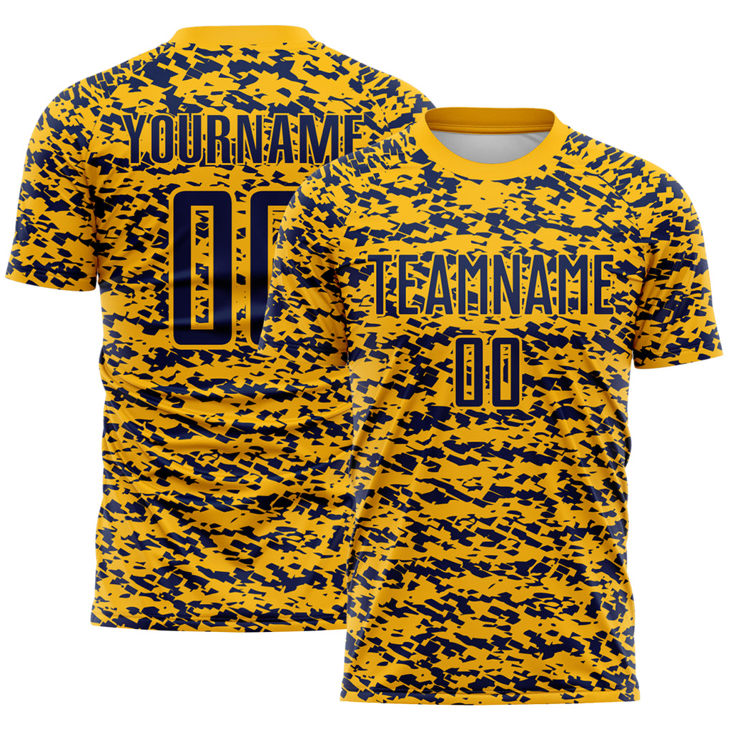 Custom Gold-Navy Geometric Fragment Splatter Sublimation Soccer Uniform Jersey