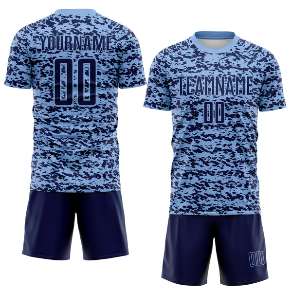 Custom Light Blue-Navy Geometric Fragment Splatter Sublimation Soccer Uniform Jersey