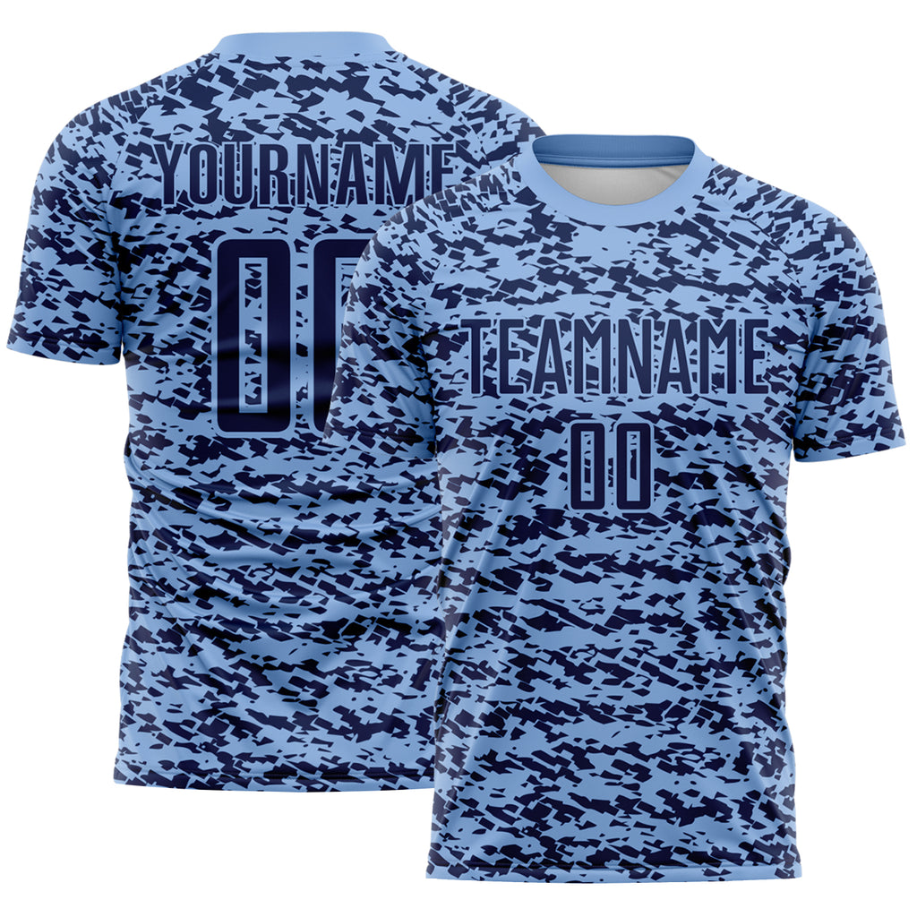 Custom Light Blue-Navy Geometric Fragment Splatter Sublimation Soccer Uniform Jersey