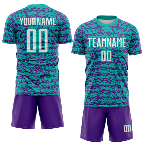 Custom Aqua White-Purple Geometric Fragment Splatter Sublimation Soccer Uniform Jersey