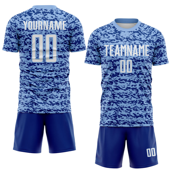 Custom Light Blue White-Royal Geometric Fragment Splatter Sublimation Soccer Uniform Jersey