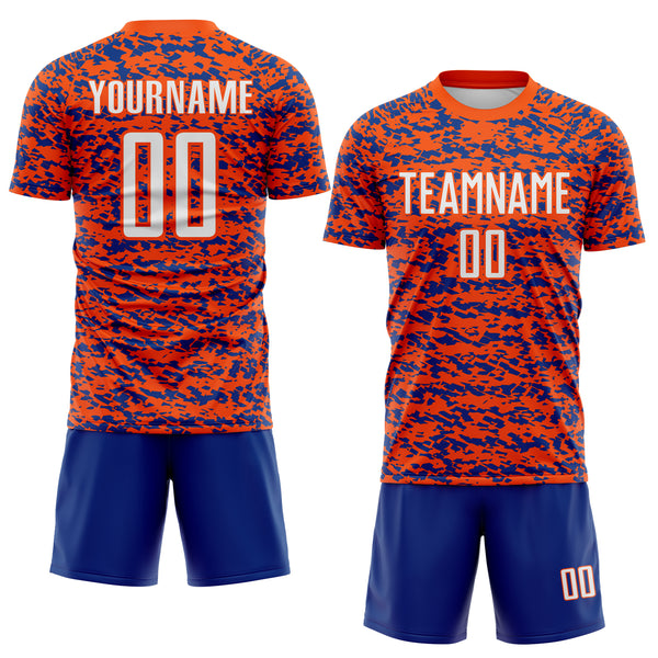 Custom Orange-Royal Geometric Fragment Splatter Sublimation Soccer Uniform Jersey