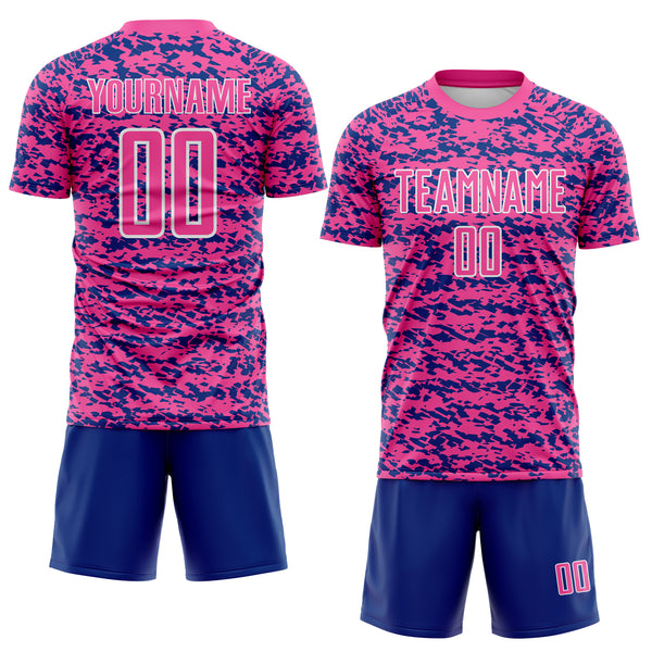 Custom Pink Royal-White Geometric Fragment Splatter Sublimation Soccer Uniform Jersey