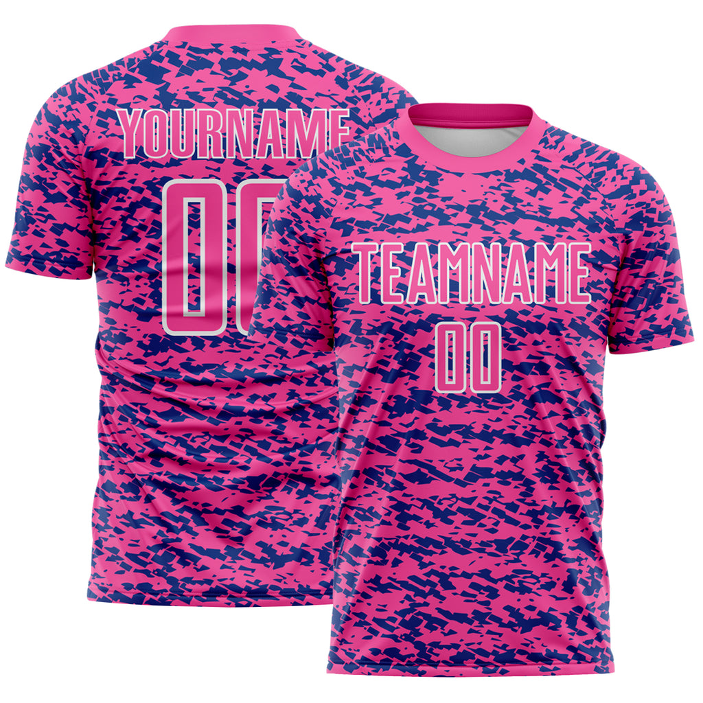 Custom Pink Royal-White Geometric Fragment Splatter Sublimation Soccer Uniform Jersey