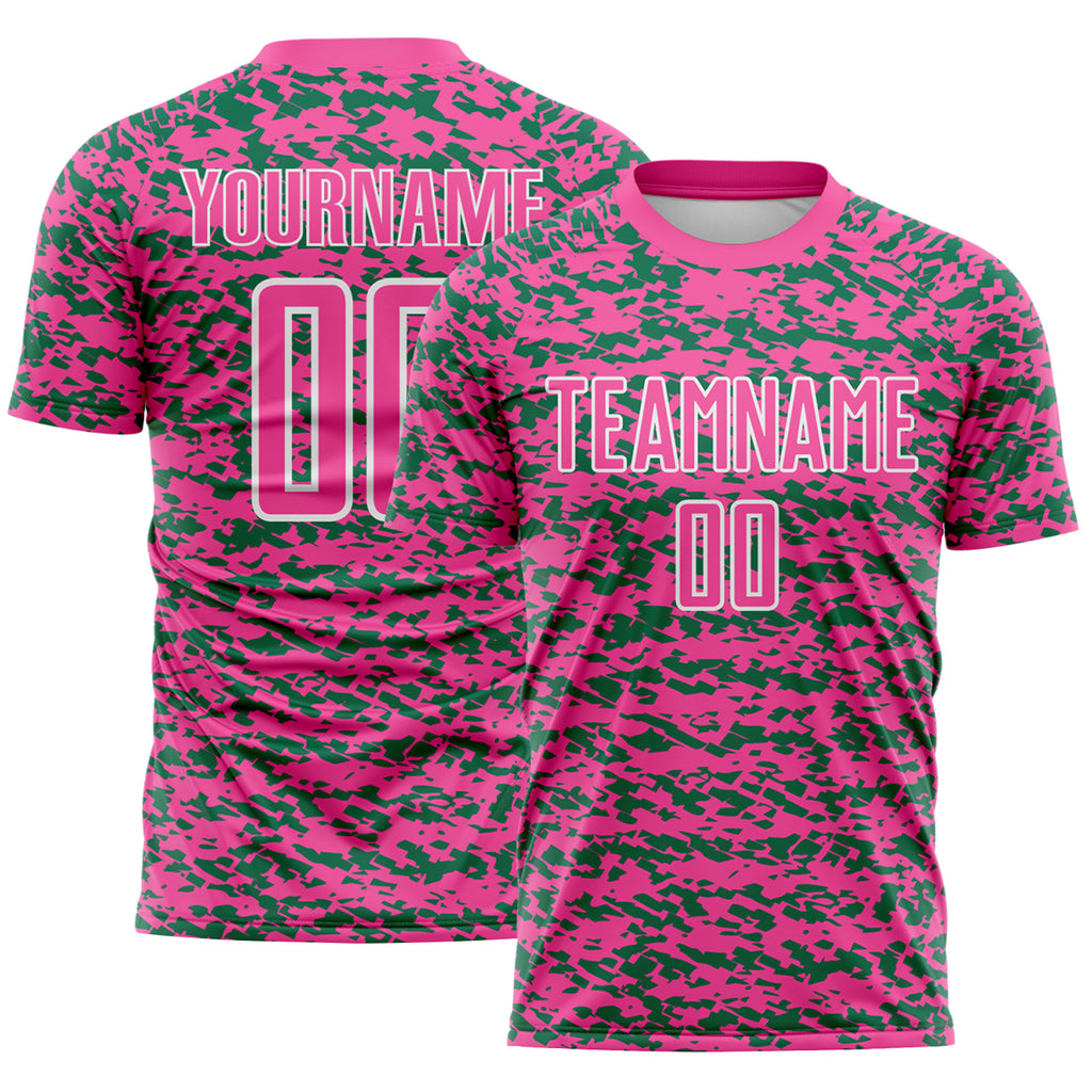 Custom Pink Kelly Green-White Geometric Fragment Splatter Sublimation Soccer Uniform Jersey