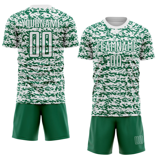 Custom White-Kelly Green Geometric Fragment Splatter Sublimation Soccer Uniform Jersey