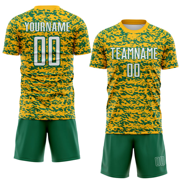 Custom Gold White-Kelly Green Geometric Fragment Splatter Sublimation Soccer Uniform Jersey