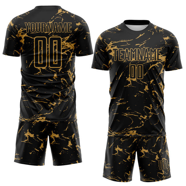 Custom Black-Old Gold Abstract Fluid Marble Sublimation Soccer Uniform Jersey