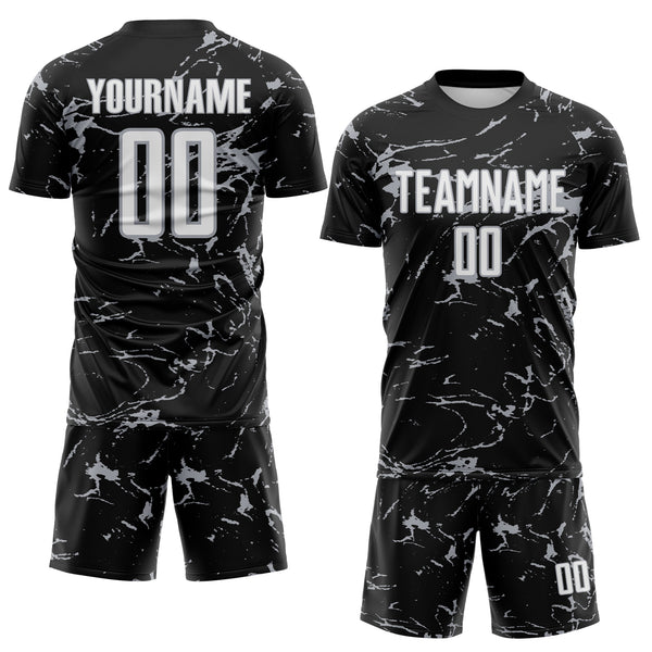 Custom Black White-Gray Abstract Fluid Marble Sublimation Soccer Uniform Jersey
