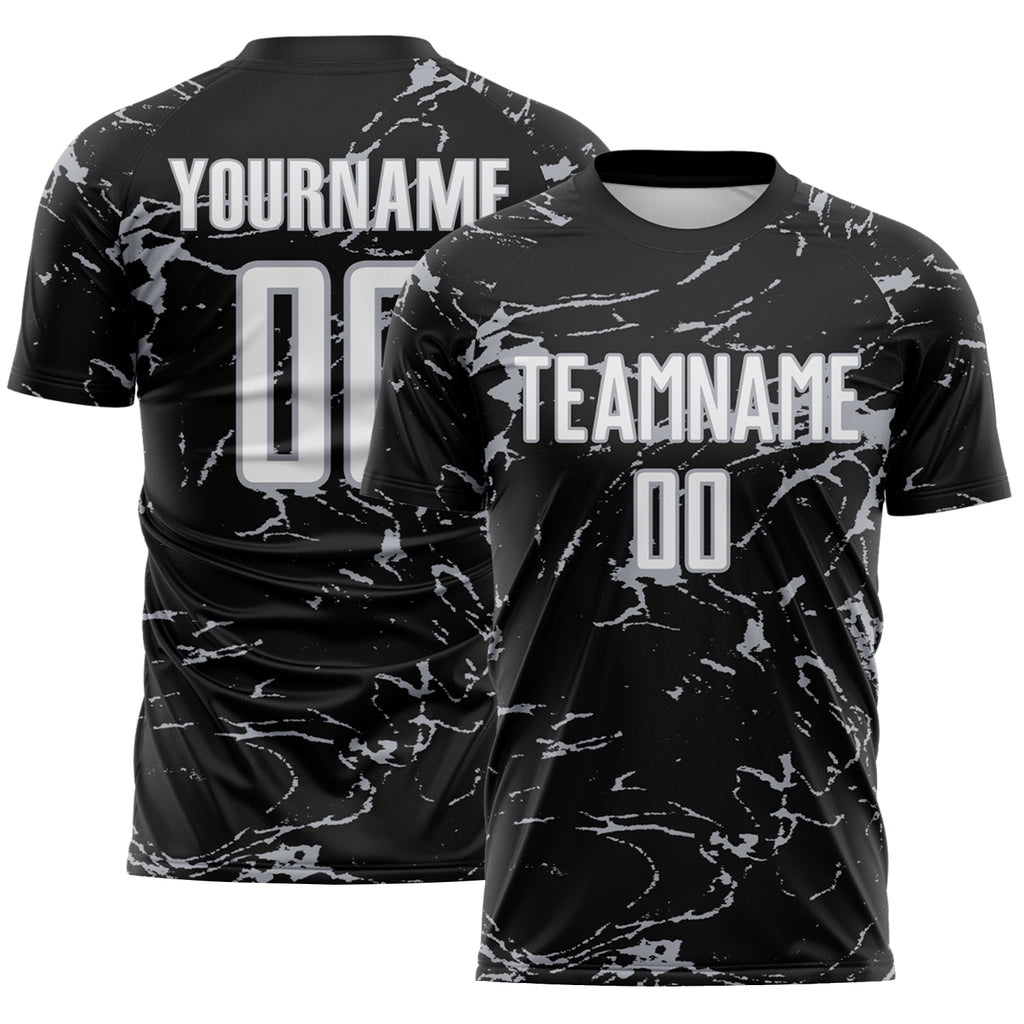 Custom Black White-Gray Abstract Fluid Marble Sublimation Soccer Uniform Jersey