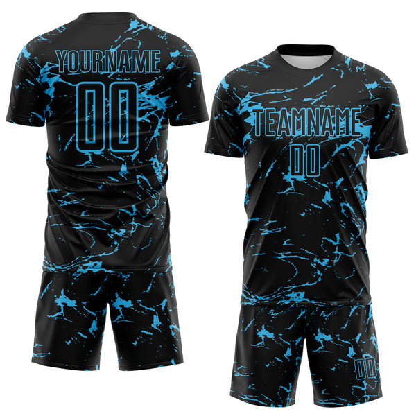 Custom Black-Sky Blue Abstract Fluid Marble Sublimation Soccer Uniform Jersey