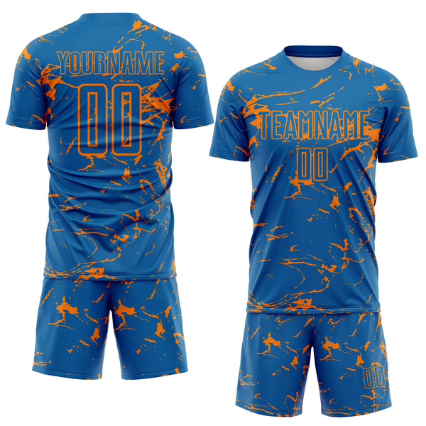 Custom Blue-Bay Orange Abstract Fluid Marble Sublimation Soccer Uniform Jersey