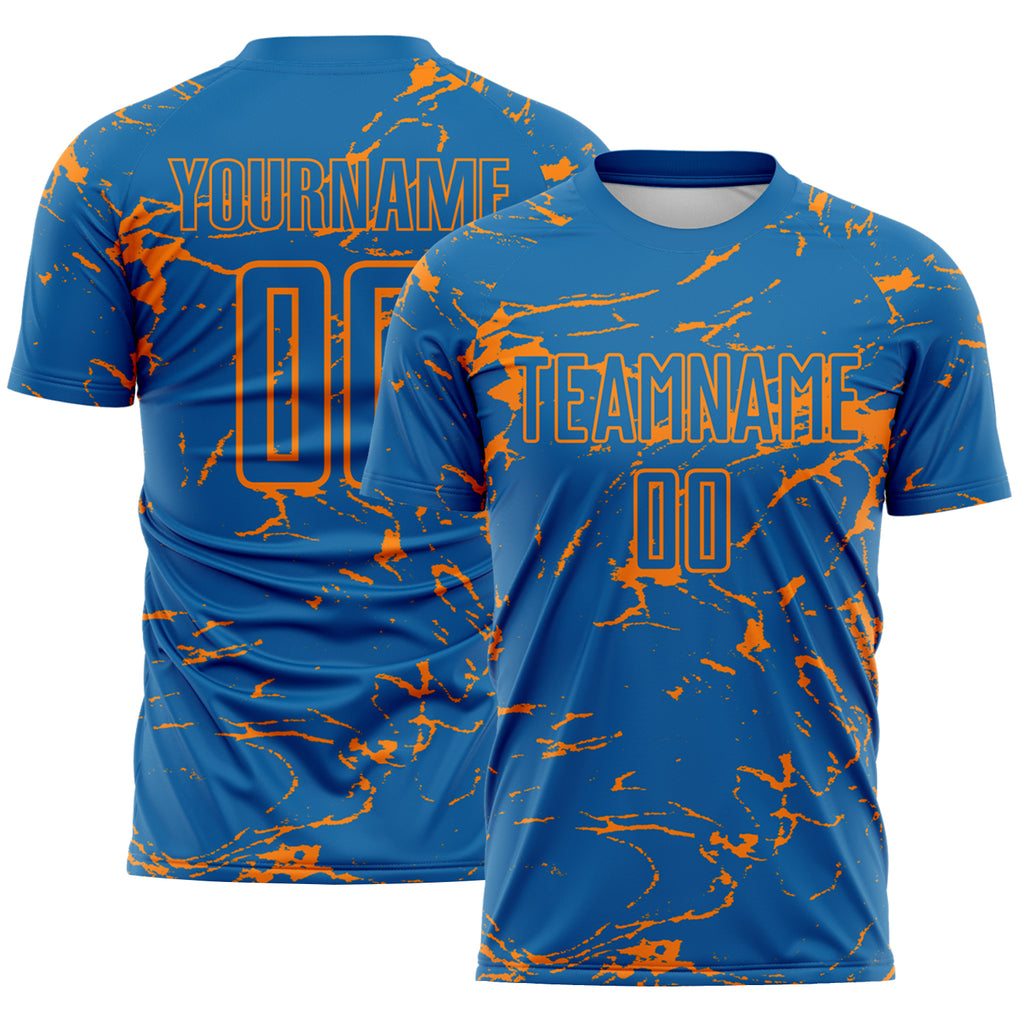 Custom Blue-Bay Orange Abstract Fluid Marble Sublimation Soccer Uniform Jersey