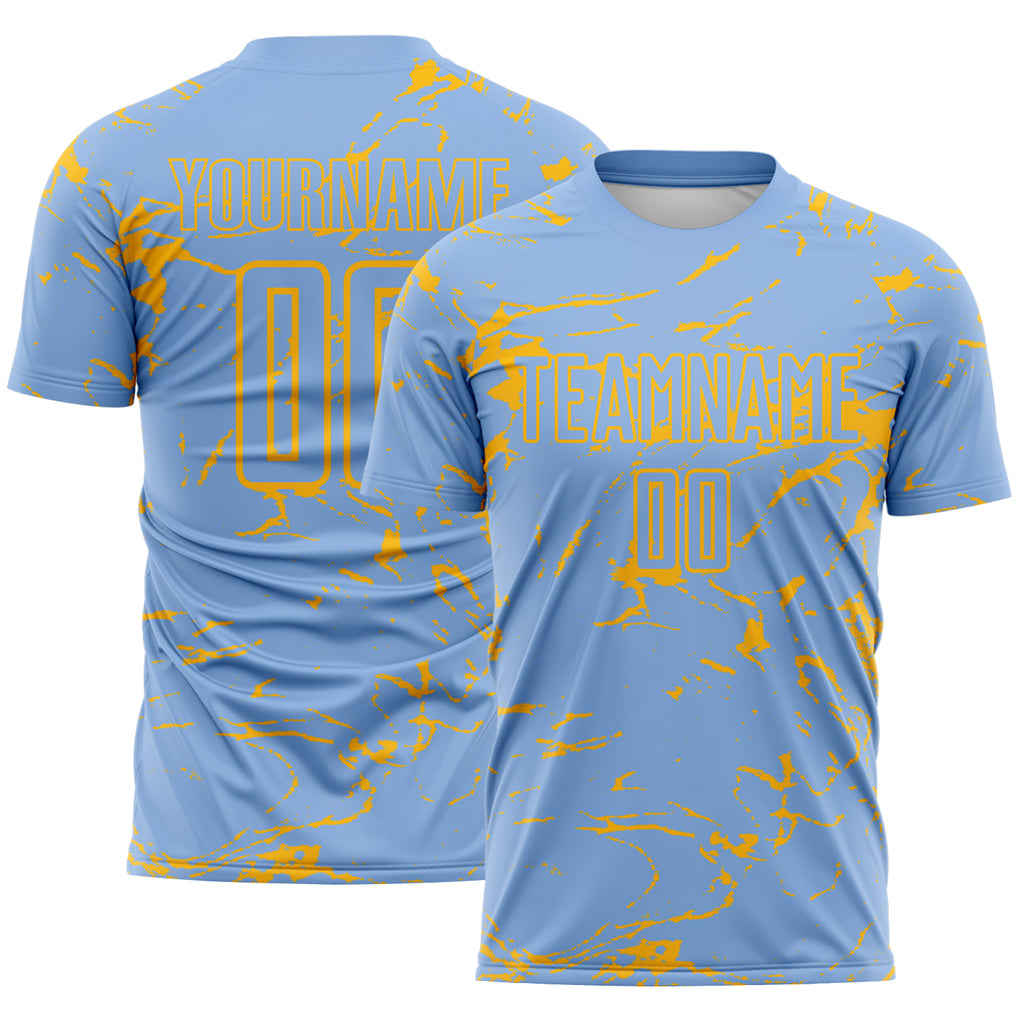 Custom Light Blue-Gold Abstract Fluid Marble Sublimation Soccer Uniform Jersey