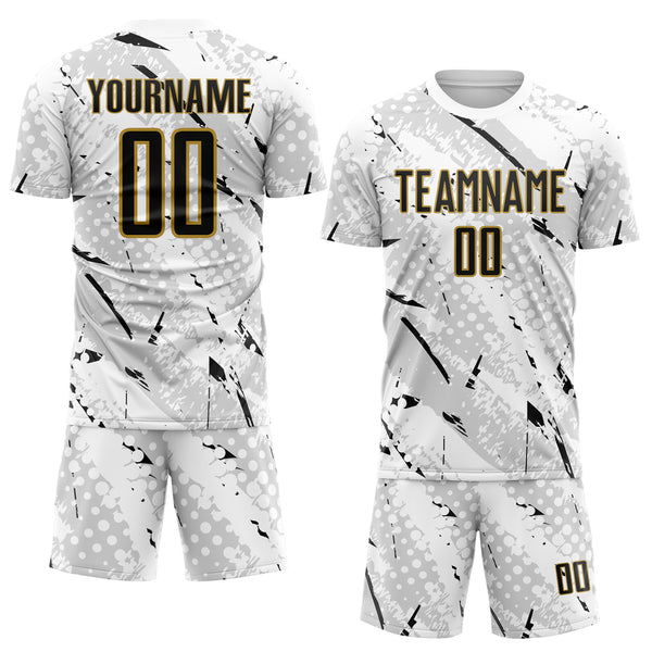 Custom White Black Gray-Old Gold Brush Stroke Slashes And Dot Grid Sublimation Soccer Uniform Jersey