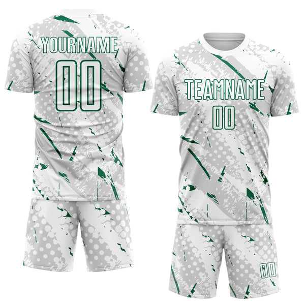 Custom White Kelly Green-Gray Brush Stroke Slashes And Dot Grid Sublimation Soccer Uniform Jersey
