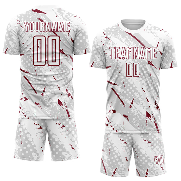 Custom White Crimson-Gray Brush Stroke Slashes And Dot Grid Sublimation Soccer Uniform Jersey