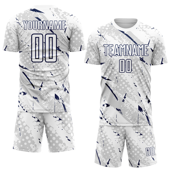 Custom White Navy-Gray Brush Stroke Slashes And Dot Grid Sublimation Soccer Uniform Jersey