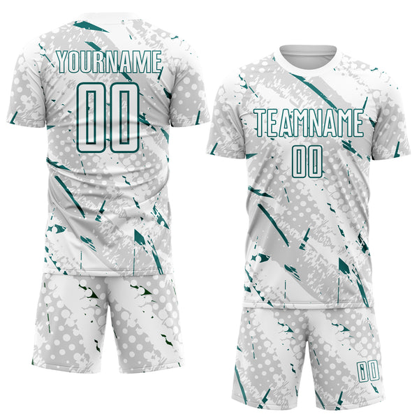 Custom White Teal-Gray Brush Stroke Slashes And Dot Grid Sublimation Soccer Uniform Jersey