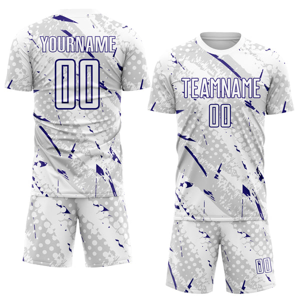 Custom White Dark Purple-Gray Brush Stroke Slashes And Dot Grid Sublimation Soccer Uniform Jersey