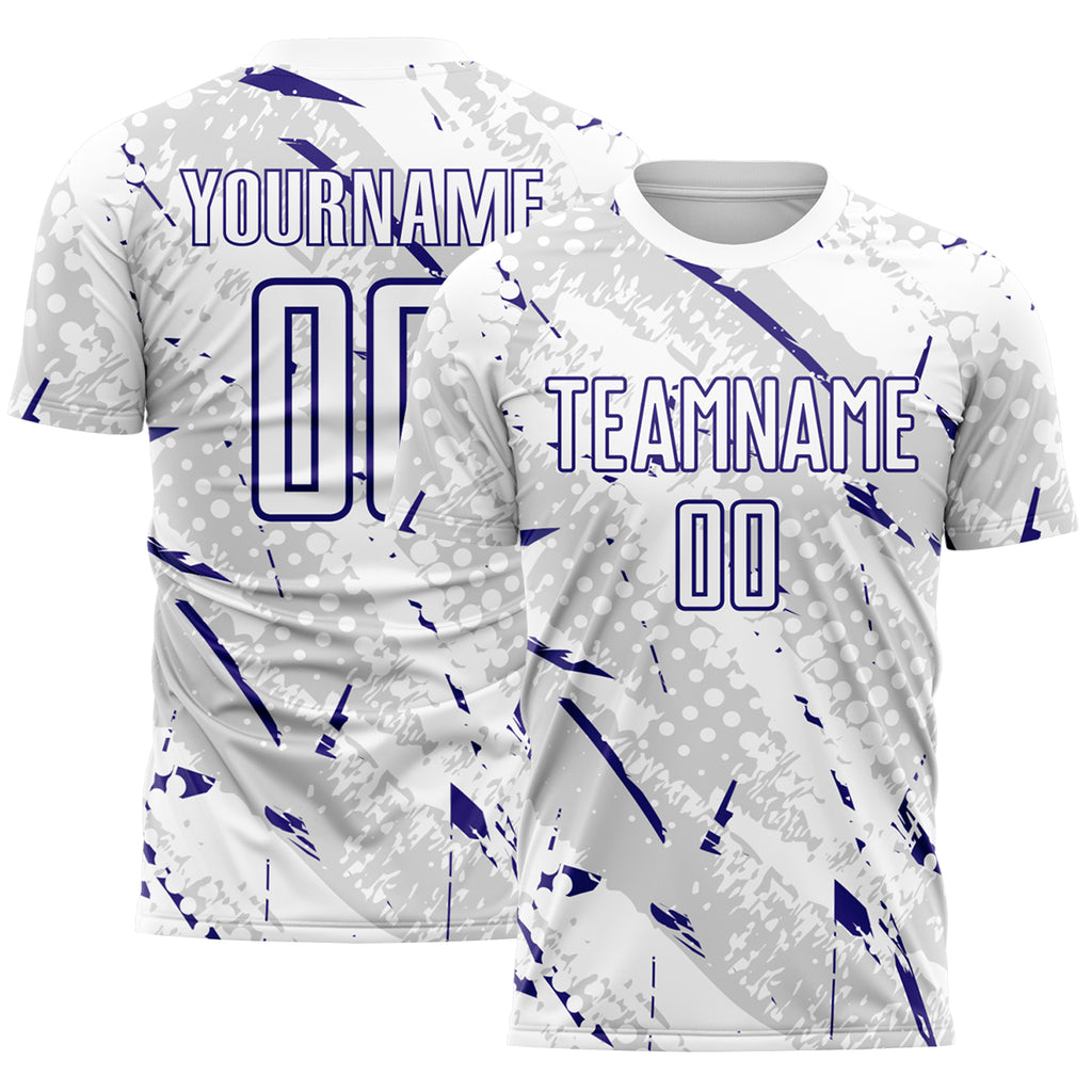 Custom White Dark Purple-Gray Brush Stroke Slashes And Dot Grid Sublimation Soccer Uniform Jersey