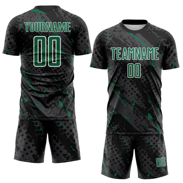 Custom Black Kelly Green Gray-White Brush Stroke Slashes And Dot Grid Sublimation Soccer Uniform Jersey